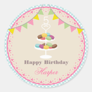 French Macarons Birthday Party Blue Gingham Runder Aufkleber