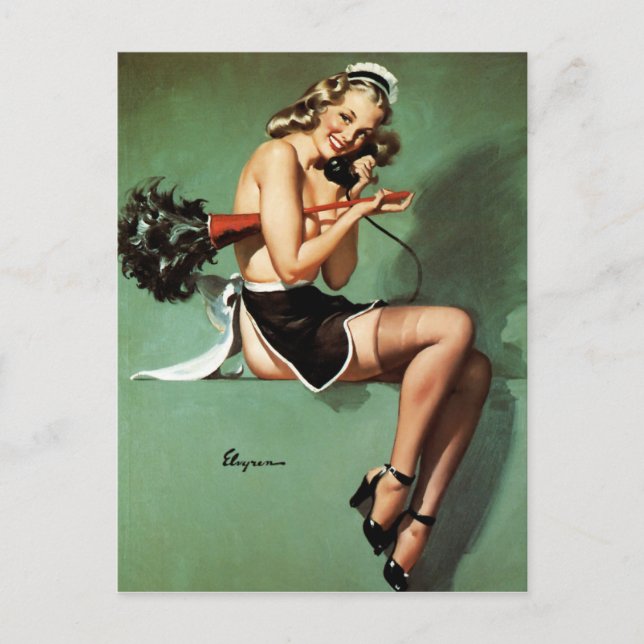 French Maid with Duster Pin Up Postkarte (Vorderseite)