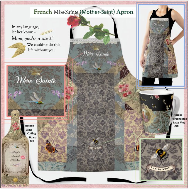 French "Mother-Saint" Rococo Apron Schürze (Our personalized Rococo apron is the prettiest posy in the garden! From our Rococo Garden gift line.)