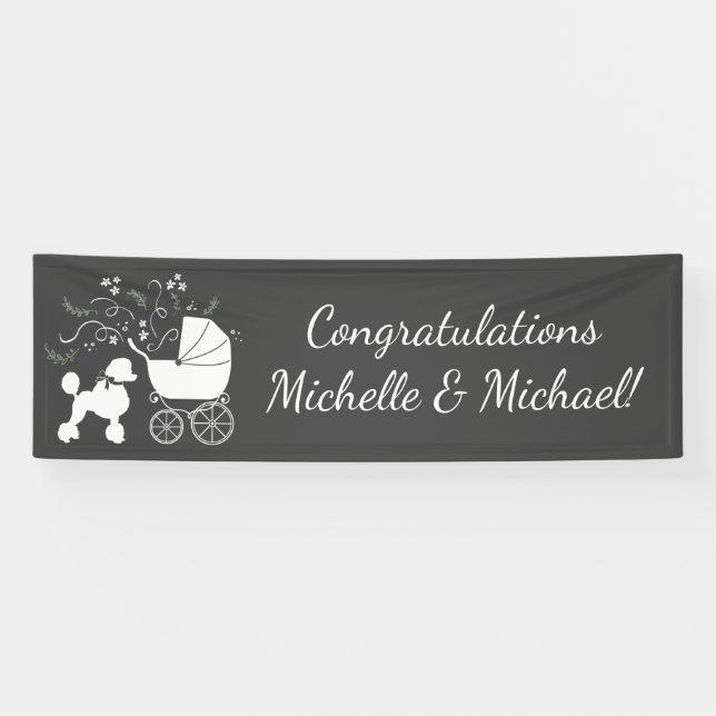 French Poodle Dog Baby Shower Puppy Grau Banner (Horizontal)