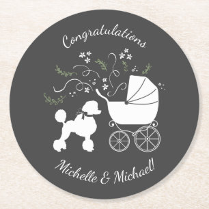 French Poodle Dog Baby Shower Puppy Grau Runder Pappuntersetzer