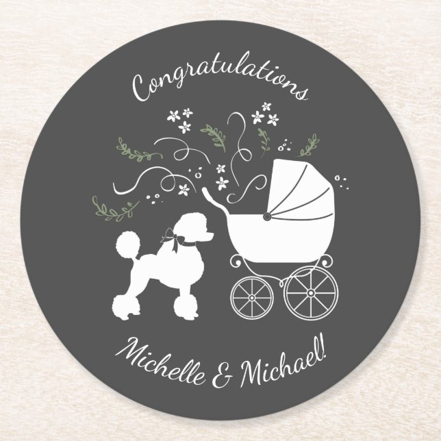 French Poodle Dog Baby Shower Puppy Grau Runder Pappuntersetzer (Vorderseite)