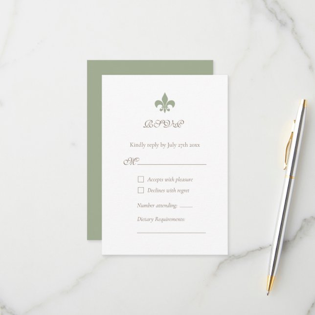 French Regency Green Lilie Design Wedding RSVP Karte (Vorderseite/Rückseite Beispiel)