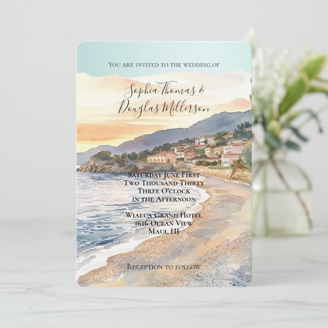 French Riviera Beach Coastal Wedding Einladung (Stehend Vorderseite)