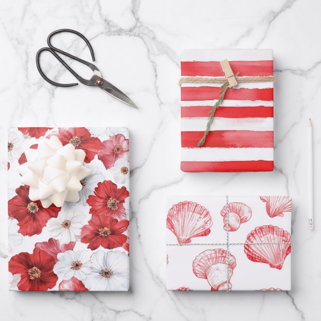 French Riviera Red Flowers Stripes Shells Geschenkpapier Set (Vorderseite)