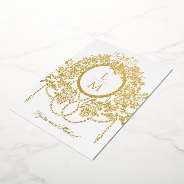 French Rococo Gold Foil Rose Monogram Wedding Folieneinladung (Gedreht)