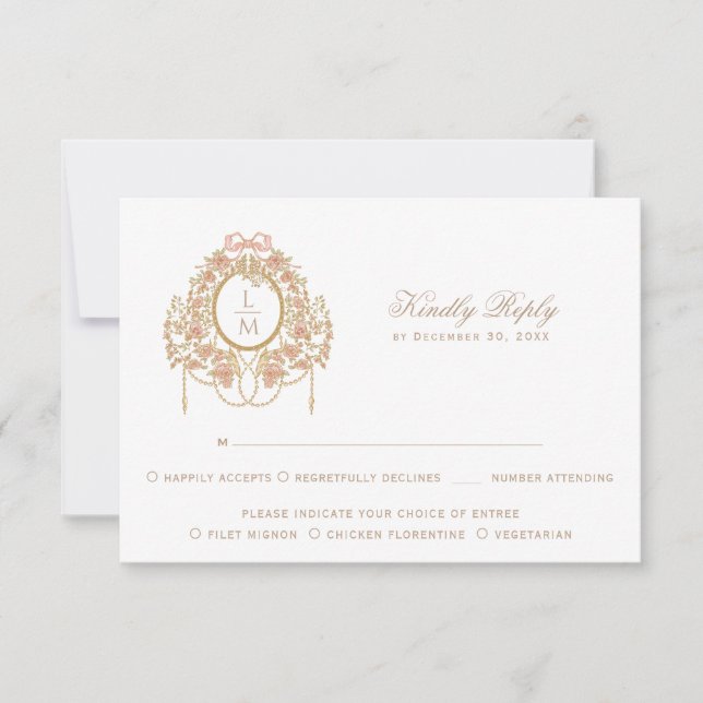 French Rococo Rose Monogram Wedding RSVP Karte (Vorderseite)