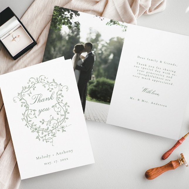 French Sage Green Floral Wappen Hochzeitsfeier Fot Dankeskarte (Front & Inside)