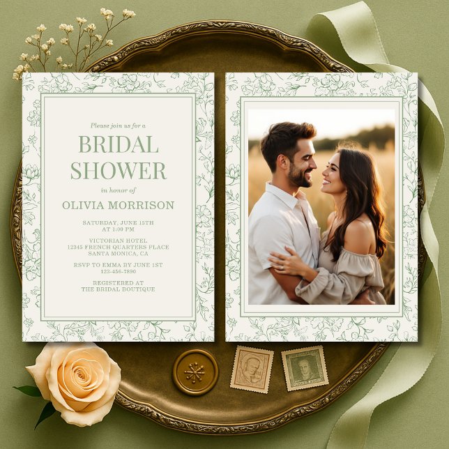 French Sage Green Ivory Photo Bridal Shower Einladung (Von Creator hochgeladen)