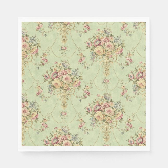 French Sage Green Viktorianisch Style Floral Rokok Serviette (Vorderseite)