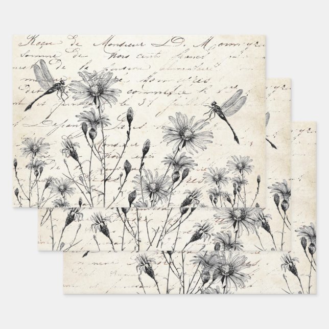 French Script Wildflower Dragonfly Decoupage Craft Geschenkpapier Set (Set)