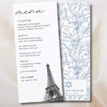 French Toile Bat Mitzvah Eiffel Tower Elegant Menu Menükarte<br><div class="desc">French Toile Bat Mitzvah Eiffel Tower Elegant dinner reception menu with the option to fully customize all titles and text. The front is black and white with an Eiffel Tower photo and the back features a dainty blue French Floral design and personalized name and event text. Enter the Zazzle Design...</div>