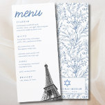 French Toile Bat Mitzvah Eiffel Tower Elegantes Me Menükarte<br><div class="desc">Französisch Toile Bat Mitzvah Eiffel Tower Elegant Dinner Empfang Menü mit der Möglichkeit,  alle Titel und Text vollständig anpassen. Die Vorderseite ist schwarz-weiß mit einem Eiffelturm-Foto,  die Rückseite mit einem farbenfrohen französischen Blumendesign und personalisiertem Namen- und Veranstaltungstext. Geben Sie das Zazzle Design Tool für zusätzliches Design ein.</div>