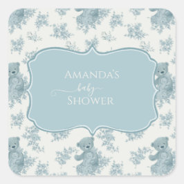 French Toile Bear und Bunny Baby Dusche Quadratischer Aufkleber