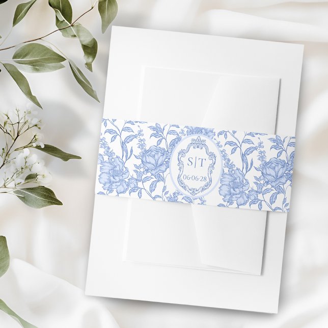 French Toile Blue Floral Chinoiserie Monogram Einladungsbanderole (Von Creator hochgeladen)
