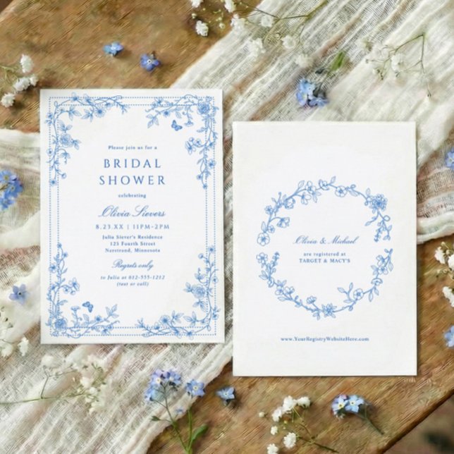 French Toile Chinoise Blue and White Bridal Shower Einladung (Blue and white wildflower bridal shower invitation with French vintage toile corner florals)