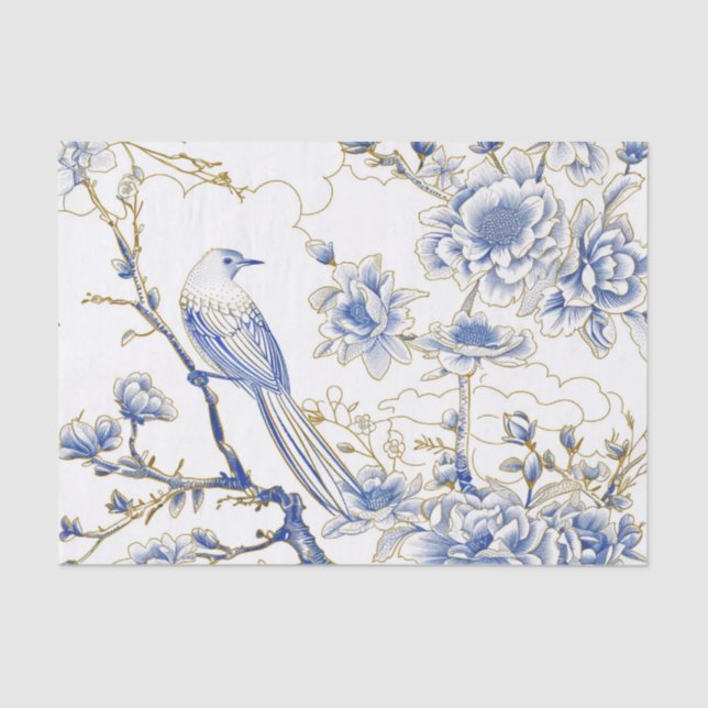 French-Toile Chinoiserie Bird in Blue and Gold Seidenpapier (Vorderseite)