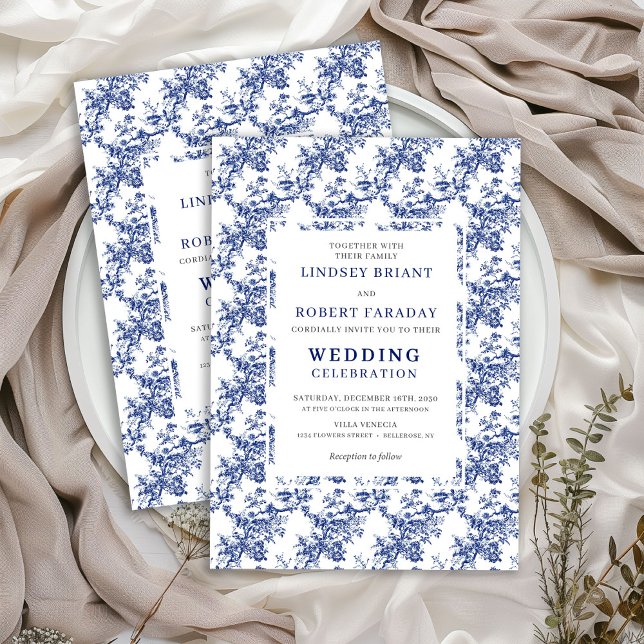 French Toile de Jouy Blue Floral Wedding Invite Einladung (Elegant Blue Toile Floral Wedding Invitation Design)