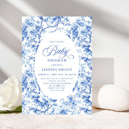 French Toile de Jouy Blue Roses Baby Shower Invite Einladung
