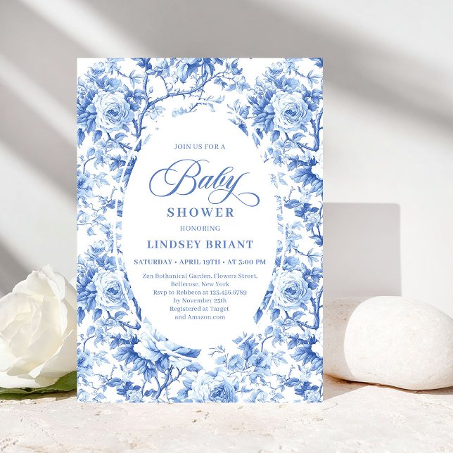 French Toile de Jouy Blue Roses Baby Shower Invite Einladung (French Toile de Jouy Blue Roses Baby Shower Invitation)