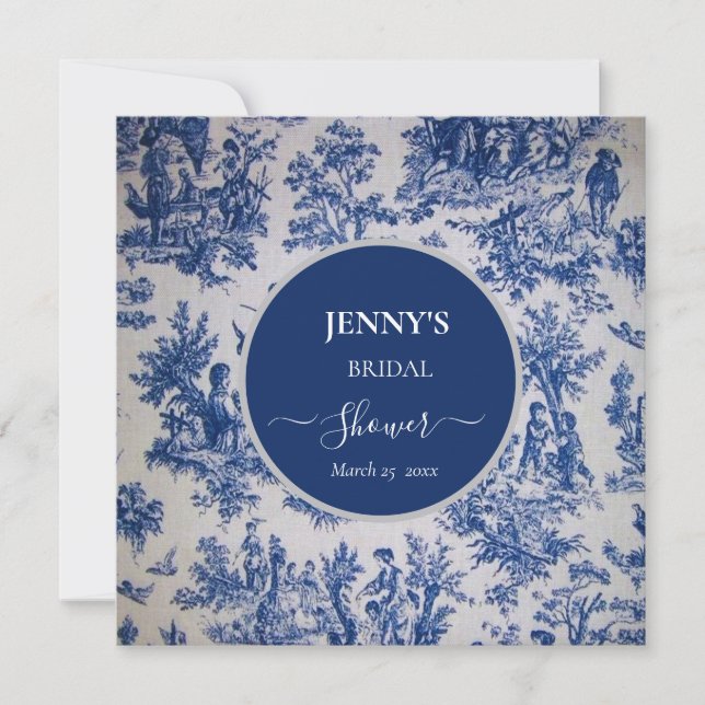 French Toile de Jouy Blue und White Brautparty Save The Date (Vorderseite)