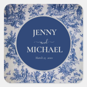 French Toile de Jouy Blue White Quadratischer Aufkleber
