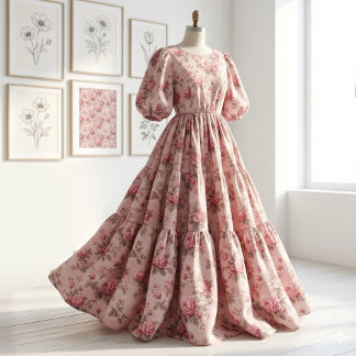 French Toile de Jouy Pink Floral Rococo Rose Theme Stoff