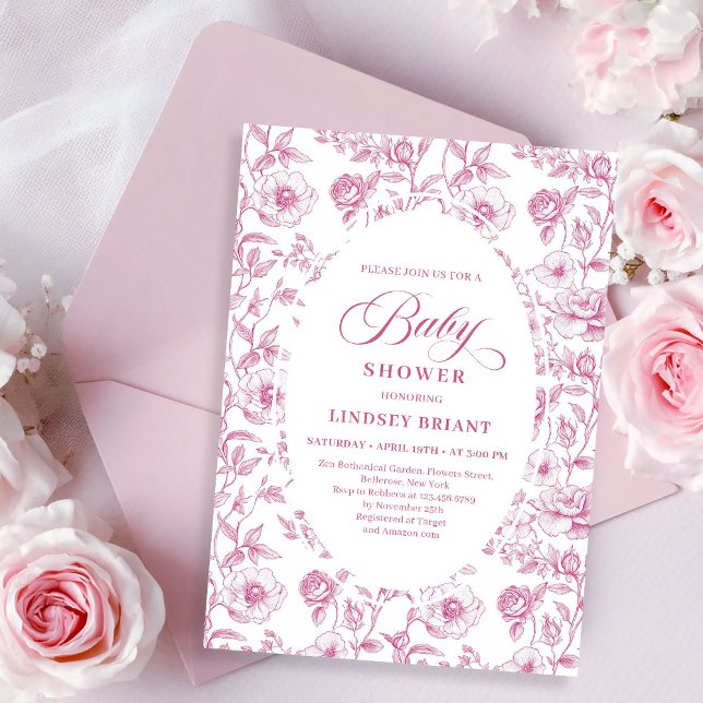 French Toile Roses Dusty Pink Baby Shower Invite Einladung (French Toile Roses Dusty Pink Baby Shower Invitation)
