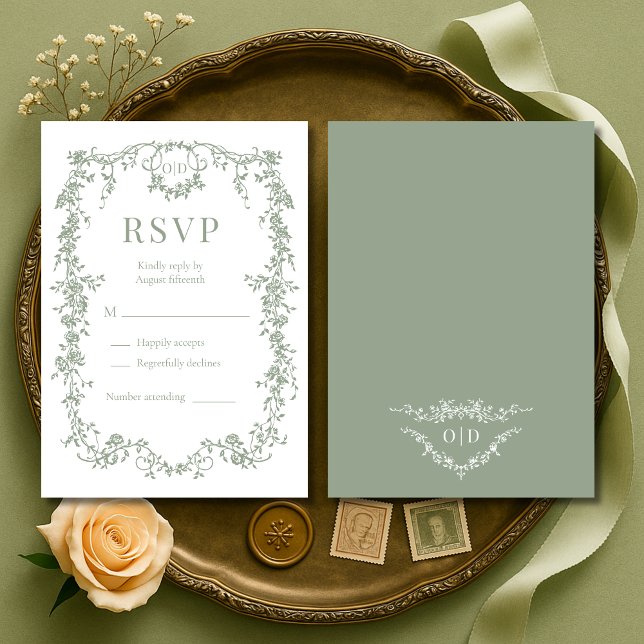 French Victorian Sage Green Wedding RSVP  Karte (Von Creator hochgeladen)