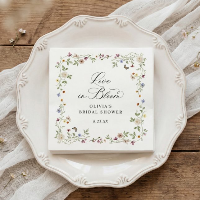 French Wildflower Love in Bloom Bridal Shower Serviette (Bridal shower napkins with French wildflower design and love is in bloom floral script)