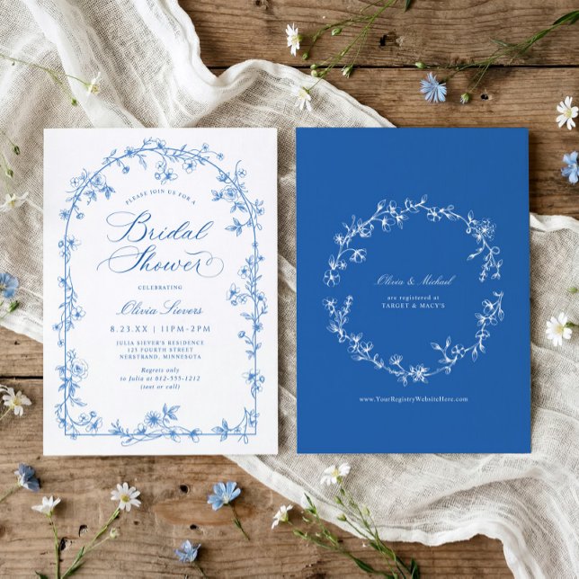 French Wildflower Toile Blue Bridal Shower Einladung (Blue and white wildflower bridal shower invitation with French vintage toile arch frame)