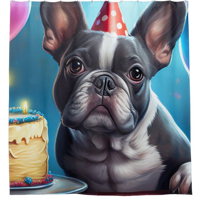 Frenchie Birthday Bash: Ein Niedlicher französisch Duschvorhang (Vorderseite)