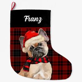 Frenchie Bulldog and Red Pläd with Dog's Name Großer Weihnachtsstrumpf