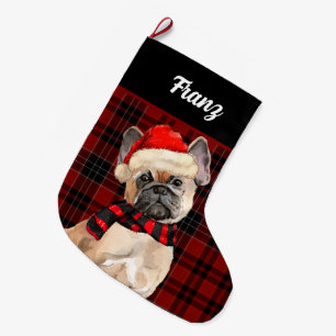 Frenchie Bulldog and Red Pläd with Dog's Name Großer Weihnachtsstrumpf
