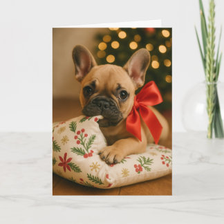 Frenchie Christmas Card – Puppy on Pillow Karte