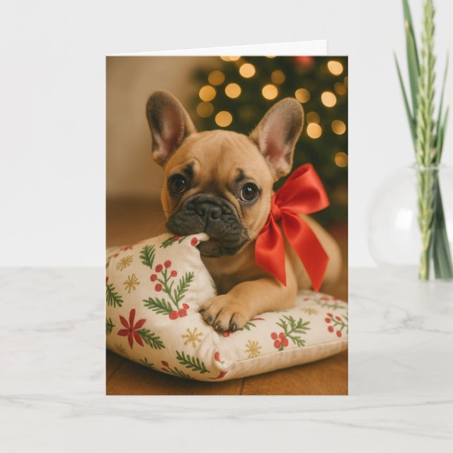 Frenchie Christmas Card – Puppy on Pillow Karte (Vorderseite)