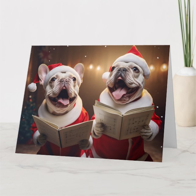 Frenchie Christmas Carolers Spaß Urlaub Karte (Vorderseite)