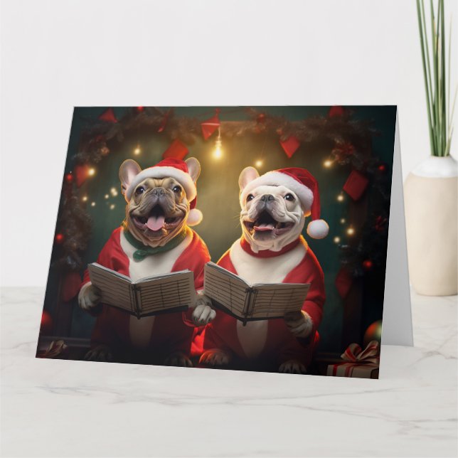 Frenchie Christmas Carolers Spaß Urlaub Karte (Vorderseite)