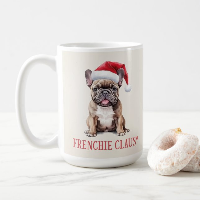 Frenchie Claus Dog Pun Weihnachtskaffee Tasse (Mit Donut)