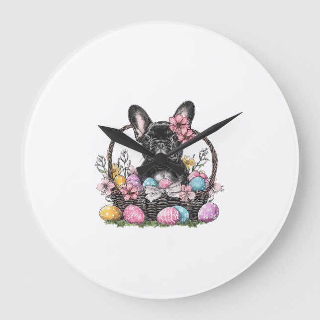 Frenchie Dog Ostern Frenchie Dog Eier Kunstwerk T- Große Wanduhr (Vorderseite)