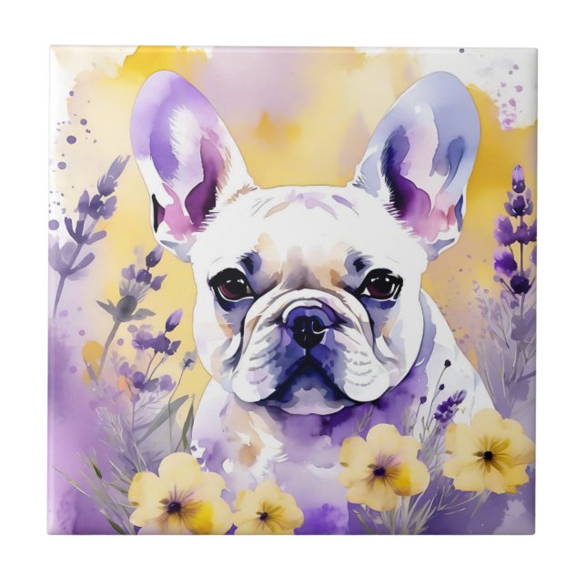 Frenchie Dog Portrait mit Wildblumen Fliese (Vorderseite)