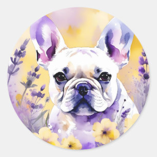 Frenchie Dog Portrait mit Wildblumen Runder Aufkleber