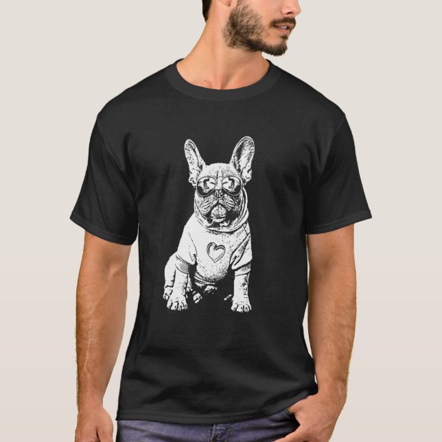 Frenchie Dog Sunglasses Cool Black White Dog Motif T-Shirt (Vorderseite)