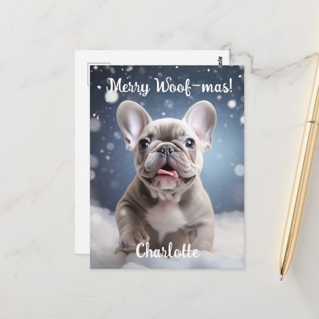 Frenchie Frosty Bliss Anpassbar Postkarte (Vorderseite/Rückseite Beispiel)