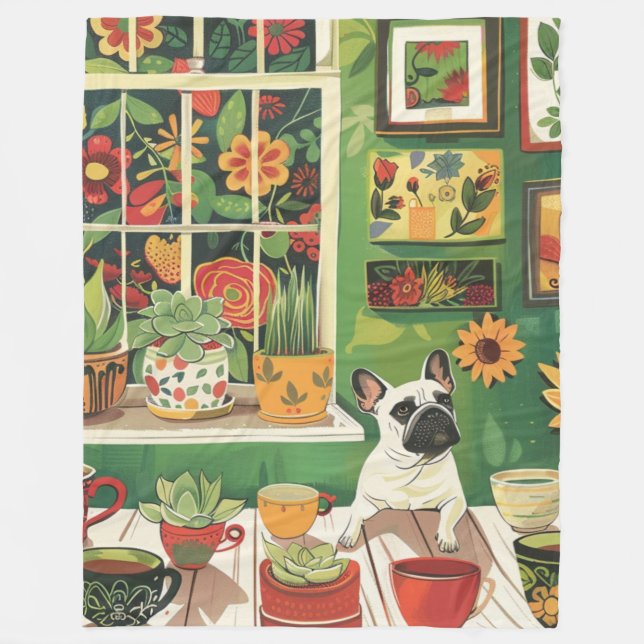 Frenchie im Boho-Garten-Teeraum Fleecedecke (Vorderseite)