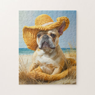 Frenchie im sommerlichen Strandhut Puzzle