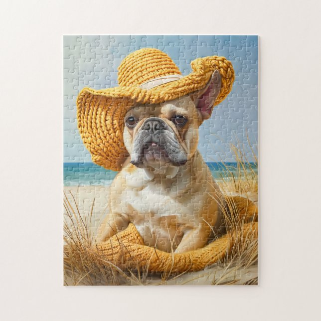 Frenchie In Summer Beach Hat Puzzle (Vertikal)