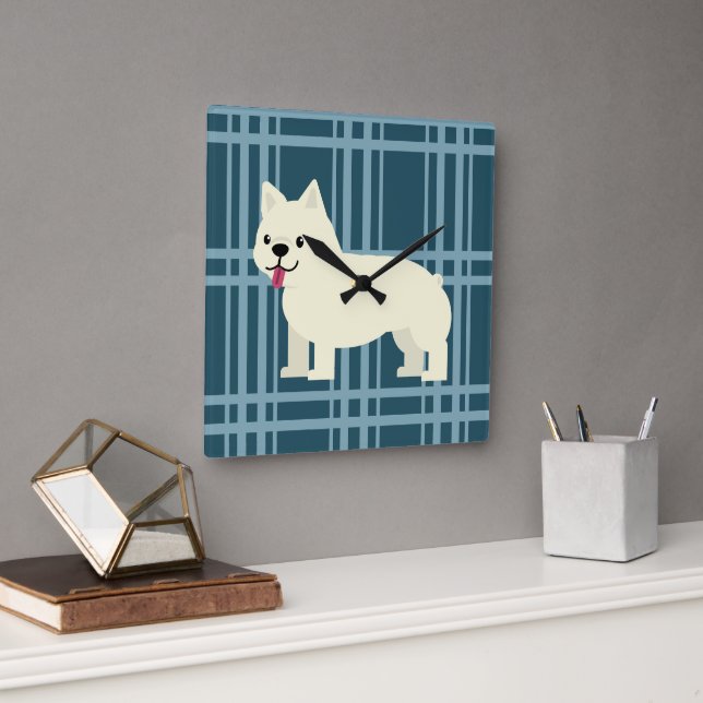 Frenchie Kariert Blue Quadratische Wanduhr (Büro)
