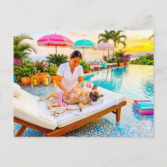 Frenchie-Massage am Pool Postkarte (Vorderseite)