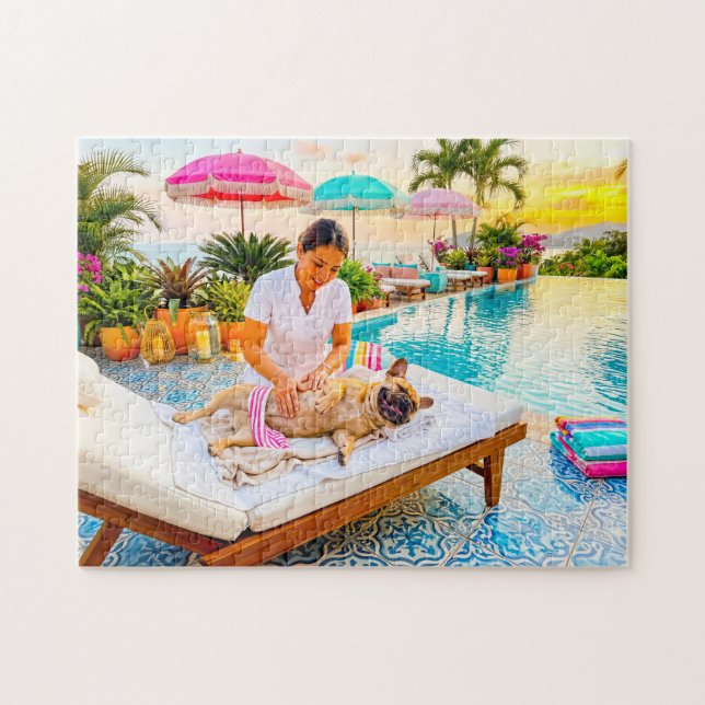 Frenchie-Massage am Pool Puzzle (Horizontal)